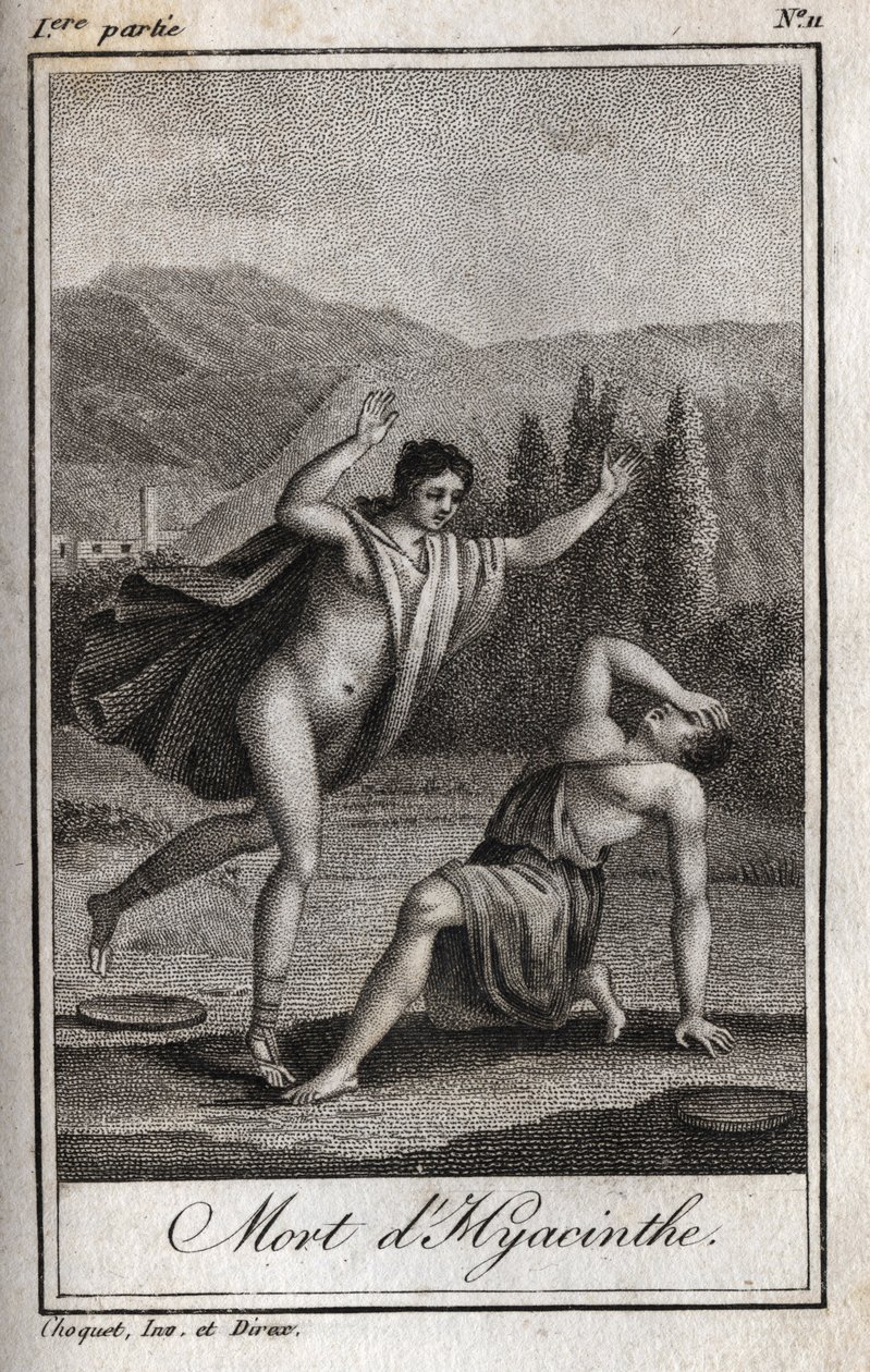 Apolo y Jacinto. Grabado de 1819 en “Lettres a Emilie sur la mythologie” de Charles Albert Demoustier (1760-1801). Colección privada. de Anonymous Anonymous