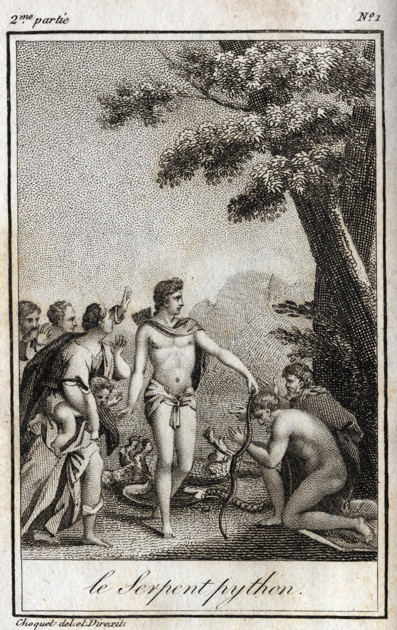Apolo y la serpiente Pitón en el Monte Parnaso. Grabado de 1819 en "Lettres a Emilie sur la mythologie" por Charles Albert Demoustier (1760-1801). Colección privada. de Anonymous Anonymous