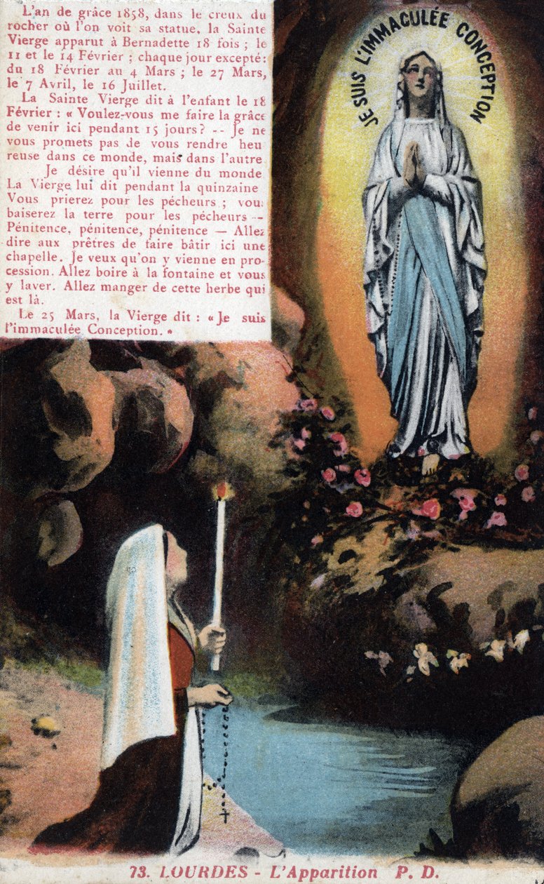 Aparición de la Virgen María a Bernadette Soubirous (1844-1879) en la cueva de Lourdes - Altos Pirineos (65) postal alrededor de 1900. de Anonymous Anonymous