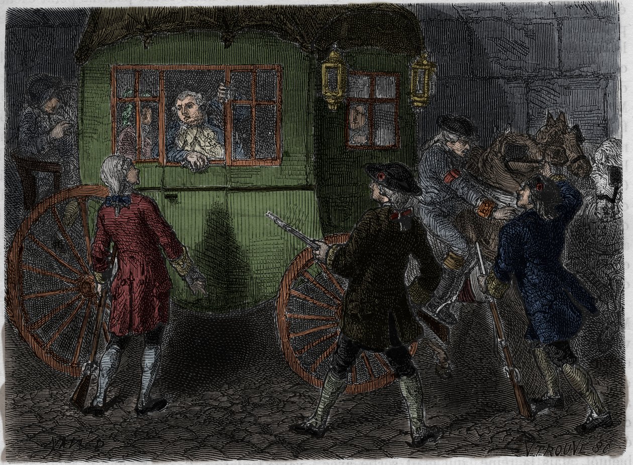 Arresto de Luis XVI (1754-1793) y su familia fugitiva en Varennes el 21 de junio de 1791. Grabado de 1866 en 