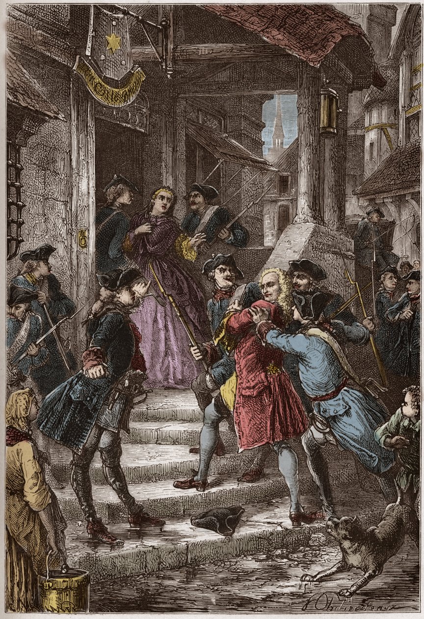 Arresto de Voltaire y su sobrina en Prusia, por orden de Federico el Grande - grabado de “L
