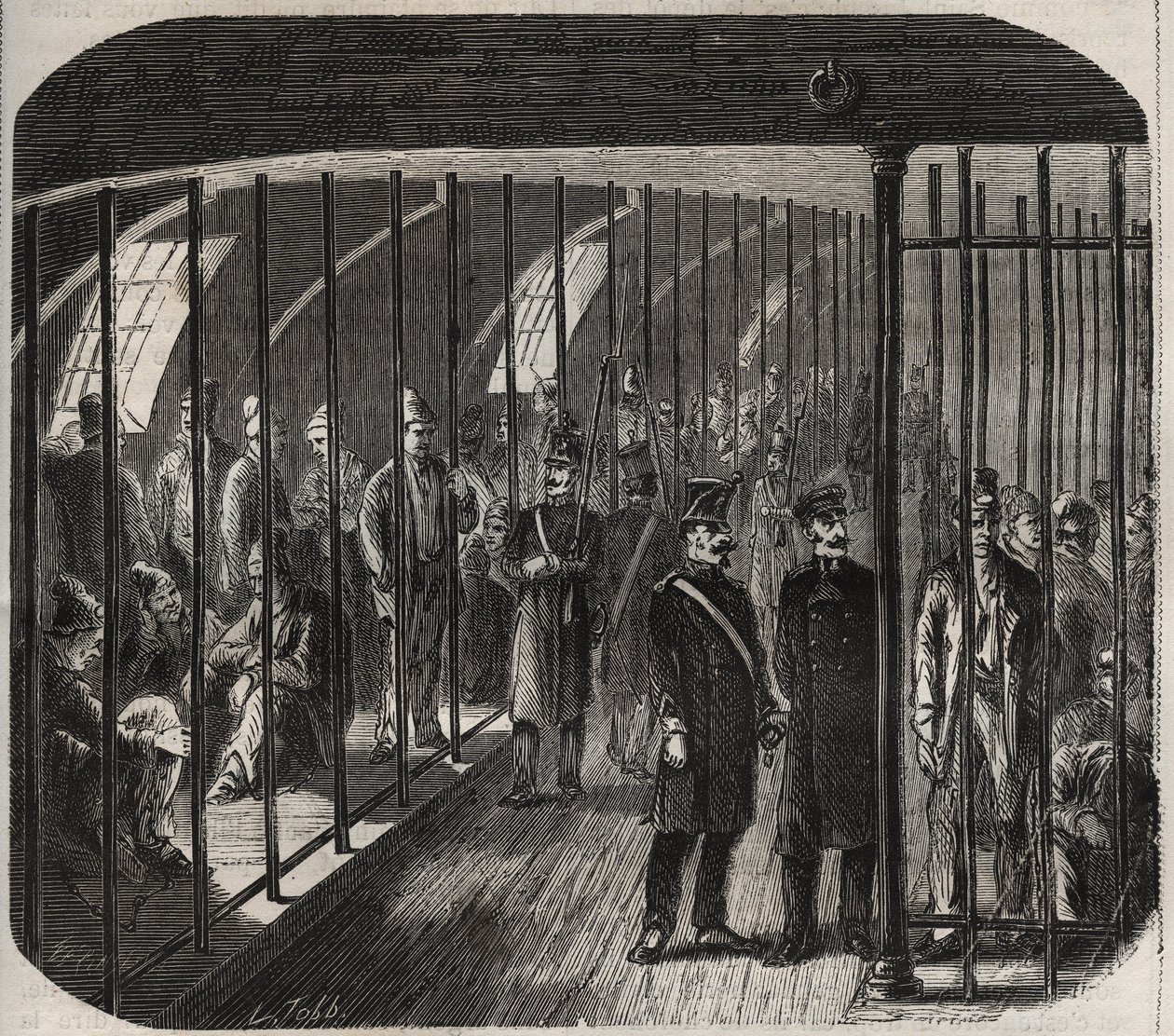 Llegada de las fuerzas a bordo durante el convoy de Toulon a Cayena (Guyana) según el Decreto del 8 de diciembre de 1851. Grabado en "Histoire des bagnes depuis leur création à nos jours" (1877) por Pierre Zaccone (1817-1895) de Anonymous Anonymous