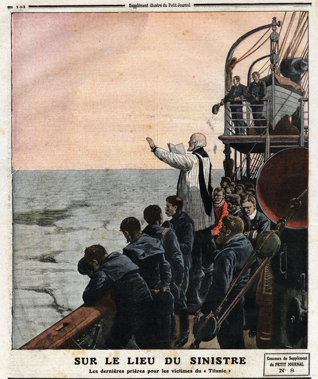 En la escena del desastre, las últimas oraciones por las víctimas del Titanic. En su viaje inaugural de Southampton a Nueva York, el transatlántico británico 