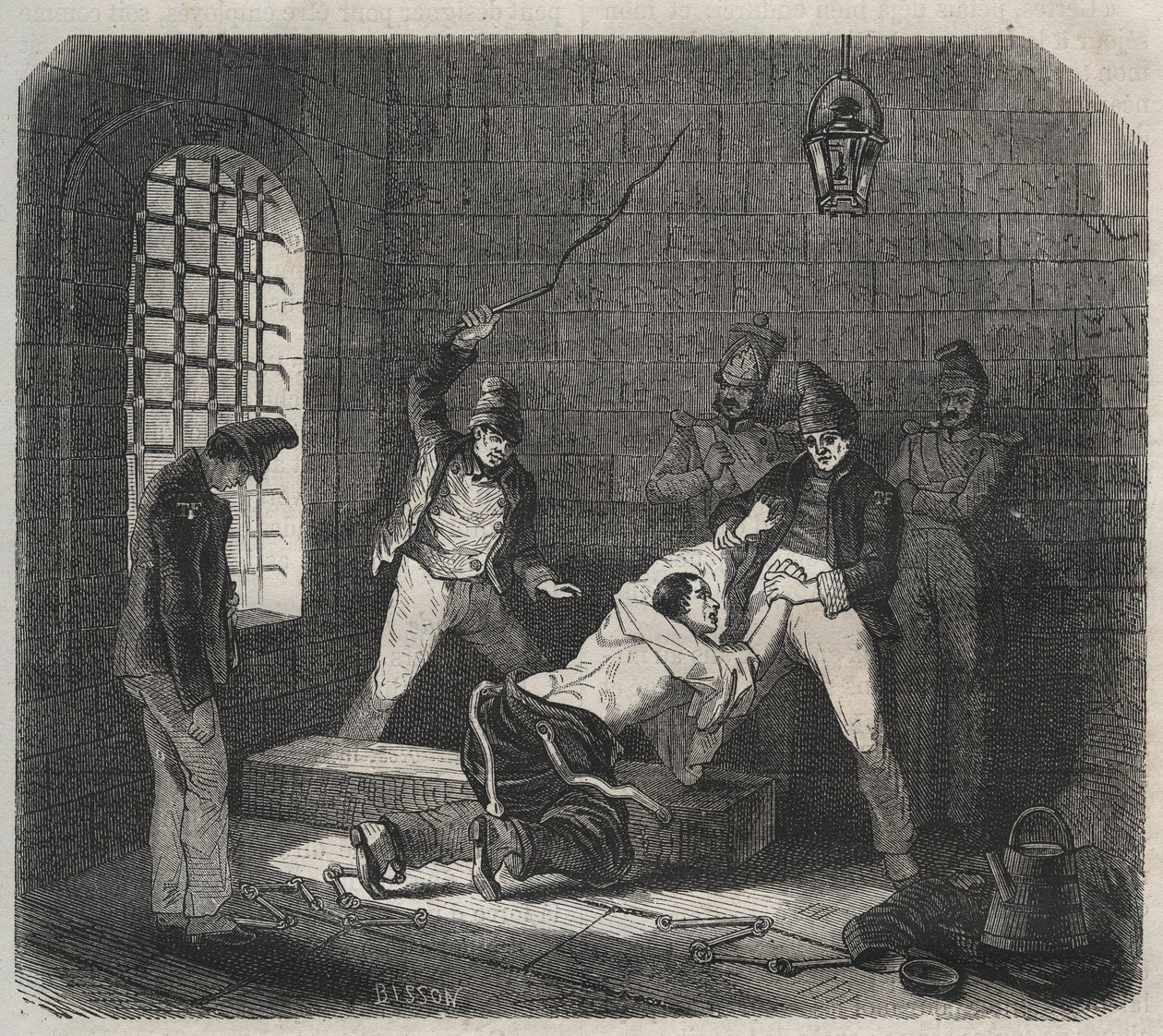 Bagne de Brest: azotamiento. Grabado en "Histoire des bagnes depuis leur création à nos jours" (1877) por Pierre Zaccone (1817-1895). Colección privada de Anonymous Anonymous