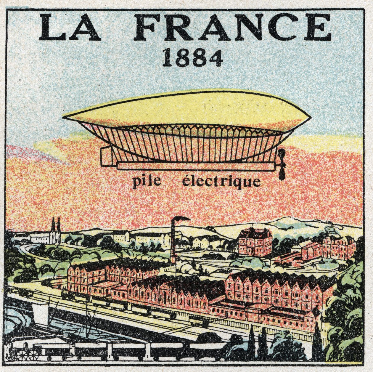 Globos: el dirigible “La France” en 1884 usando la batería eléctrica inventada por los franceses Renard y Krebs. Ilustración anónima de 1925. Colección privada. de Anonymous Anonymous