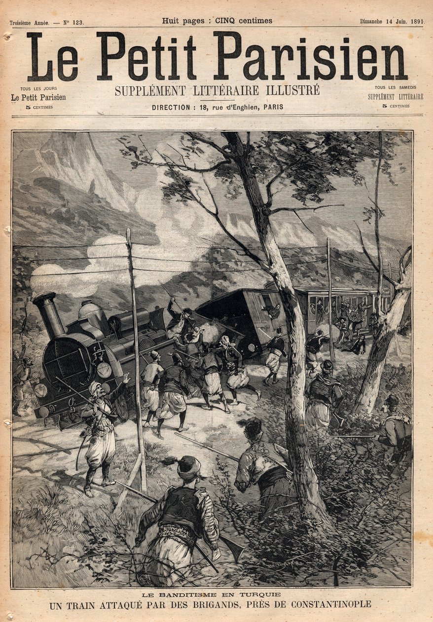 Bandidaje en Turquía, un tren atacado por ladrones cerca de Constantinopla. Grabado en “Le petit Parisien” de 1891. Colección privada. de Anonymous Anonymous