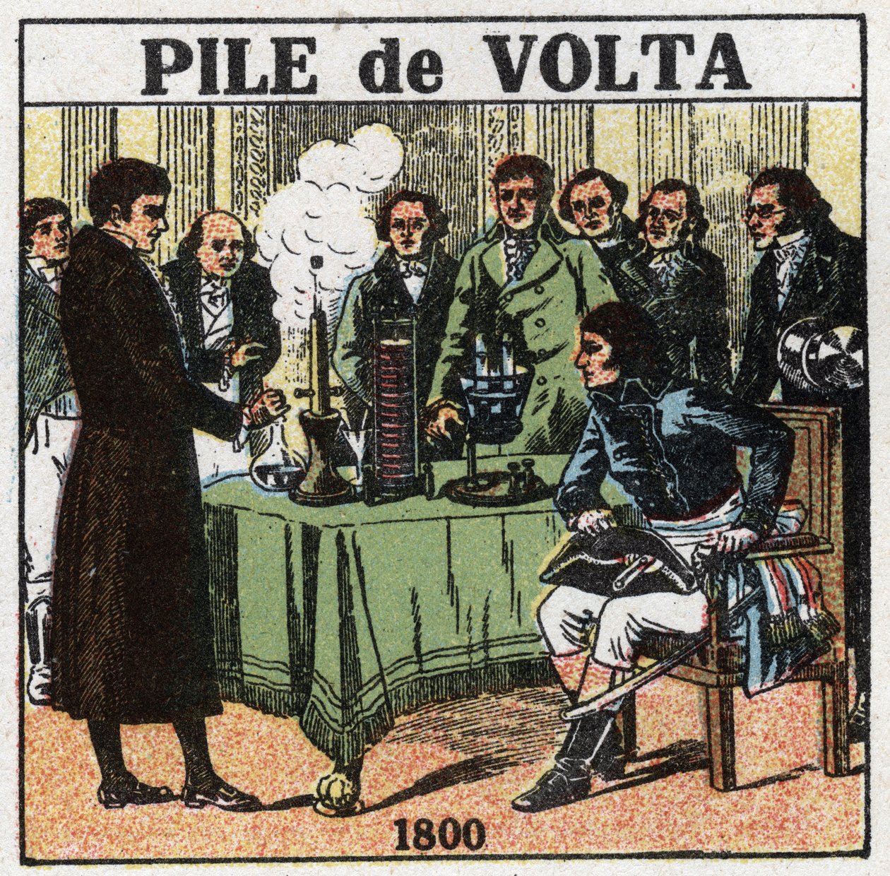 Baterías y acumuladores: Alessandro Volta (1745-1827) presentó en 1801 al cónsul Napoleón Bonaparte (1769-1821) en el Institut national de France los resultados de sus experimentos que le permitieron inventar la batería eléctrica. Ilustración anónima de 19 de Anonymous Anonymous