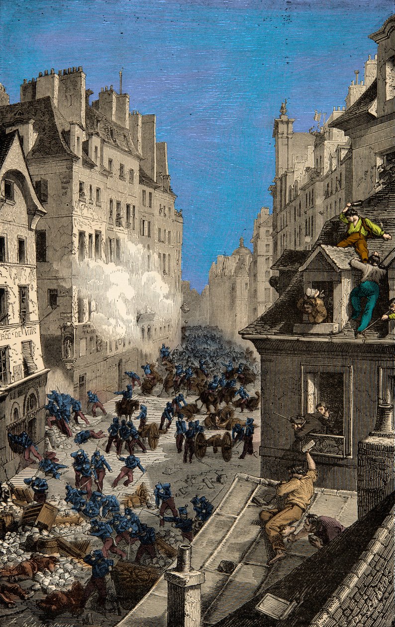 Batalla en la barricada de la Rue Saint Antoine en 1830, Grabado, Colección privada de Anonymous Anonymous