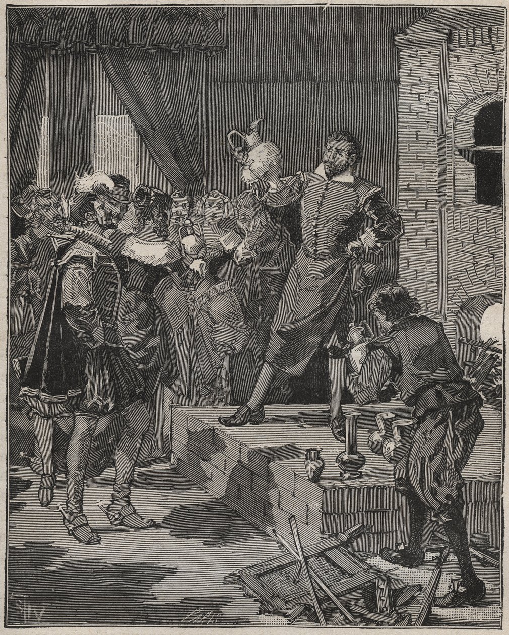 Bernard Palissy (1510-1589), ceramista francés triunfante, saca sus primeras piezas de esmalte del horno. Grabado de 1880 en “Les arts et métiers illustrés” de Adolphe Bitard. de Anonymous Anonymous