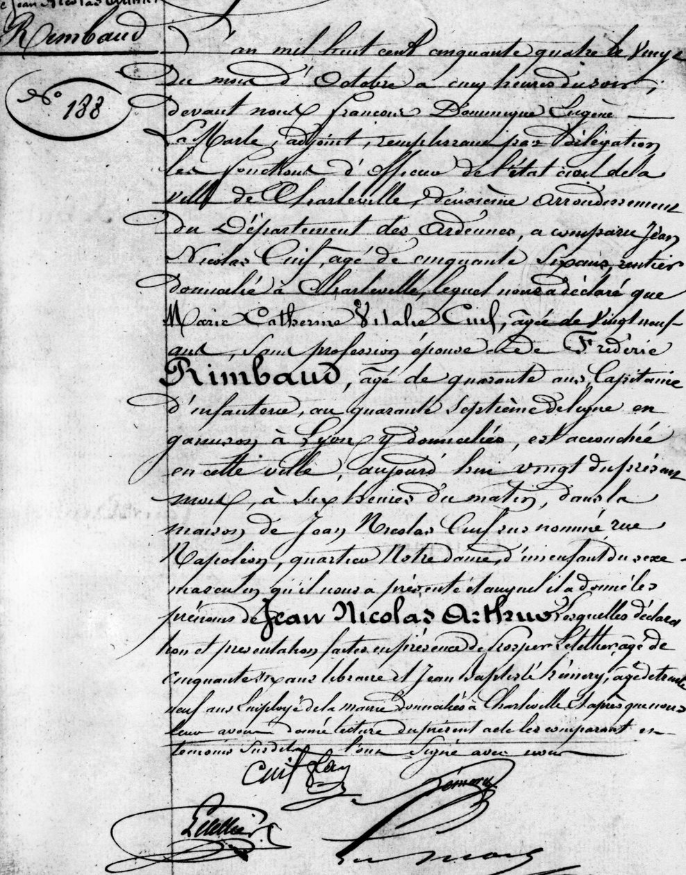 Certificado de nacimiento de Arthur Rimbaud (1854-1891), poeta francés Charleville, Museo Rimbaud. de Anonymous Anonymous