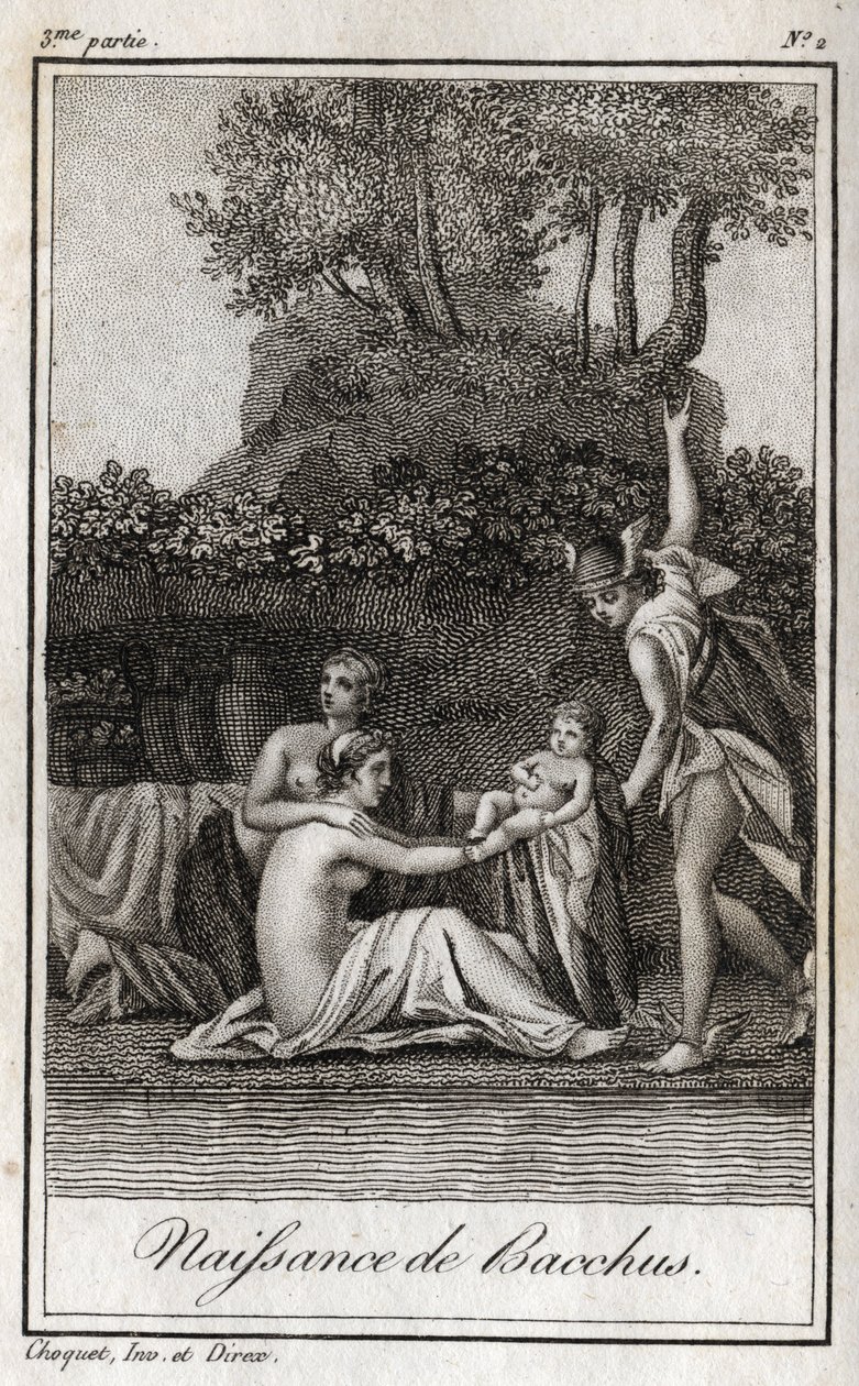 Nacimiento de Baco, hijo de Júpiter y Semele. Grabado de 1819 en “Lettres a Emilie sur la mythologie” de Charles Albert Demoustier (1760-1801). Colección privada. de Anonymous Anonymous