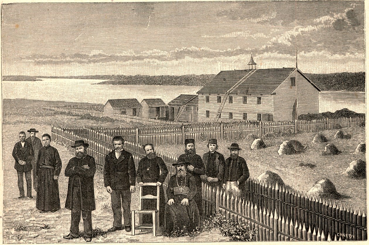 El obispo Isidore Clut (1832-1903), R.P. Le Corre y otros miembros de la Misión de la Providencia en Athabaska Mackenzie en Canadá a finales del siglo XIX. Grabado en “Les Missions Catholiques au XIXeme Siecle” de Louis-Eugene Louvet. de Anonymous Anonymous