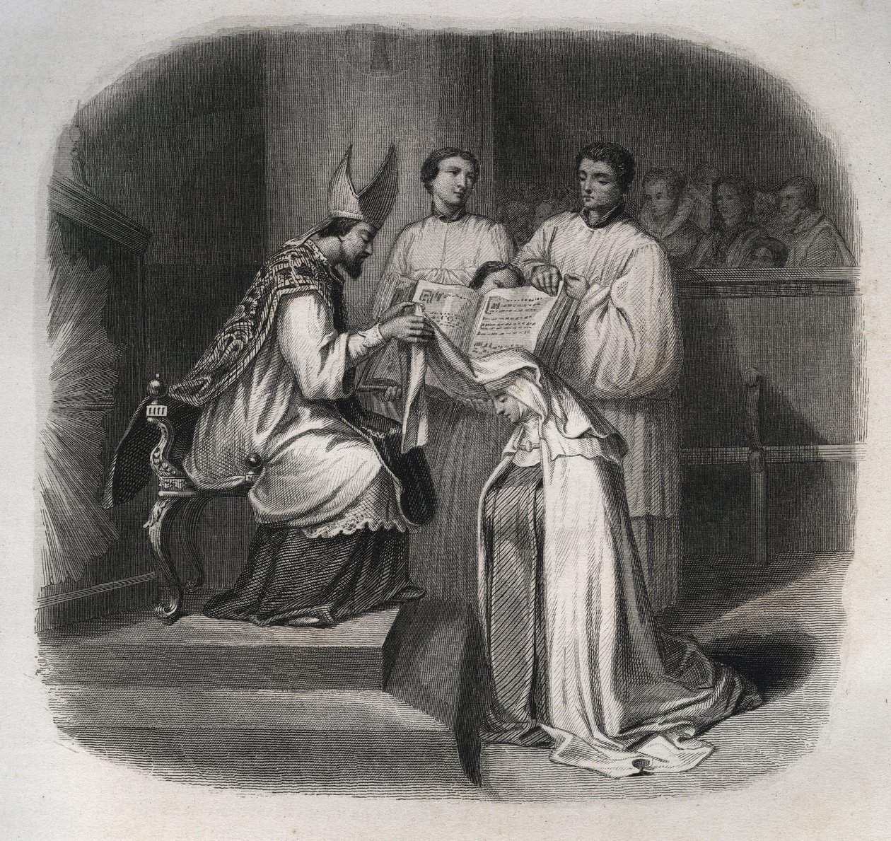 Beata María de la Encarnación (Jeanne Avrillot) (1566-1618) mística francesa recibiendo el velo de Carmelita en 1614. Grabado de 1846 en 