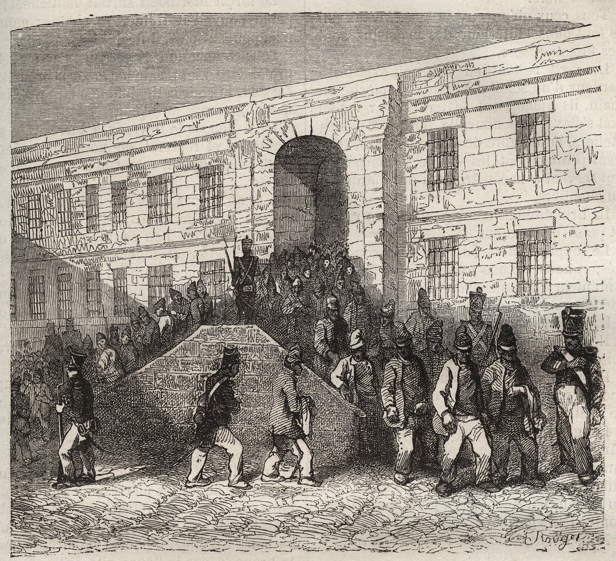 El bagne de Brest en el siglo XIX. Grabado en "Histoire des bagnes depuis leur création à nos jours" (1877) por Pierre Zaccone (1817-1895). Colección privada de Anonymous Anonymous