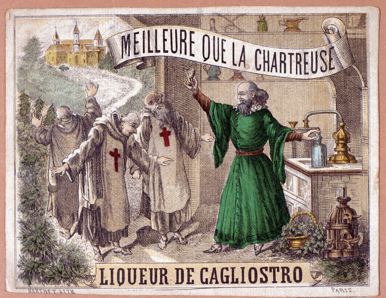 Licor Cagliostro hecho de la destilación de hierbas aromáticas por monjes. Cromolitografía del siglo XIX de Anonymous Anonymous