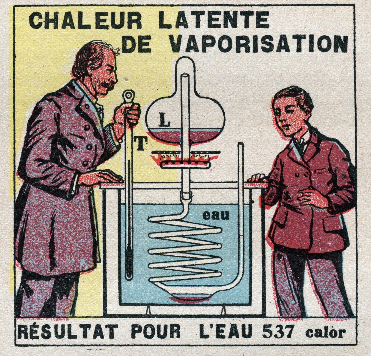 Calorimetría: el calor latente de vaporización medido por el calorímetro de Marcellin Berthelot (1827-1907). Ilustración anónima de 1925. Colección privada. de Anonymous Anonymous