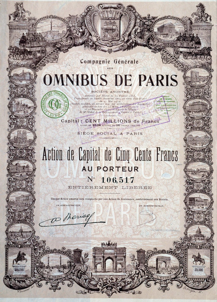 Acción de capital de 500 francos en el ómnibus de París, siglo XX Colección de acciones de Anonymous Anonymous