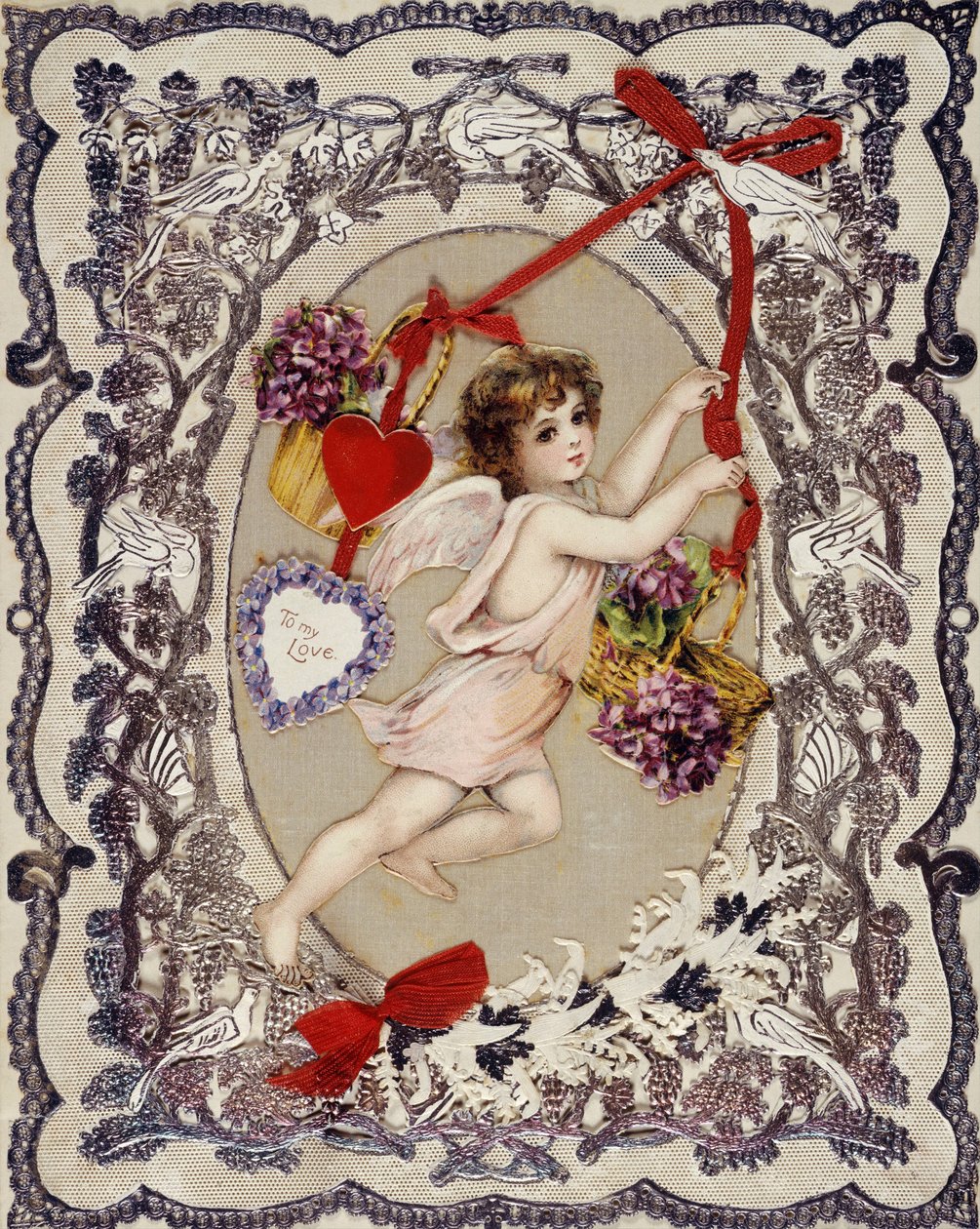 Tarjeta de San Valentín - Obra anónima, litografía, decoupage, encaje de papel y cintas, hacia 1860-1870 - Tarjeta de San Valentín, Técnica mixta a bordo - Colección Privada de Anonymous Anonymous