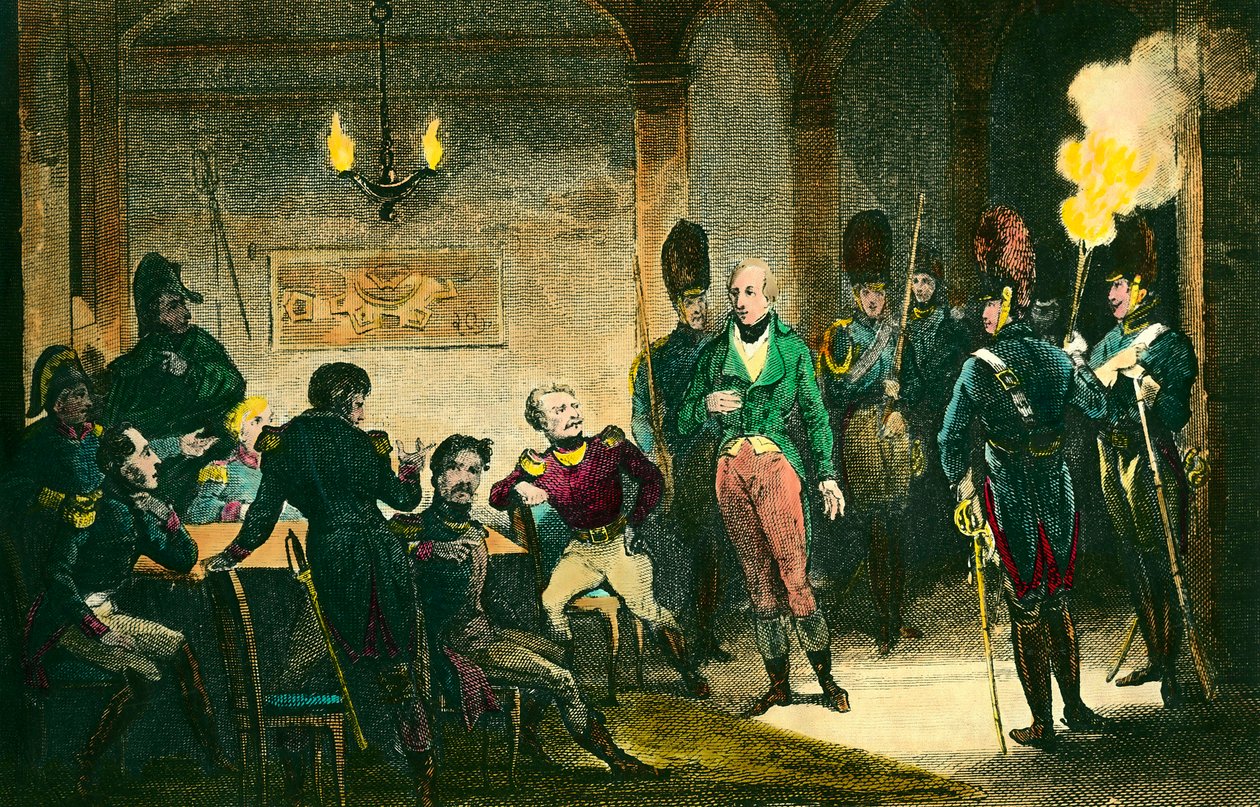 Caso de Luis de Borbón, Duque de Enghien (1772-1804): escena del juicio del príncipe sospechoso de conspirar contra el primer cónsul Napoleón Bonaparte, fue condenado y ejecutado sin pruebas. Grabado de 1804. Colección privada de Anonymous Anonymous