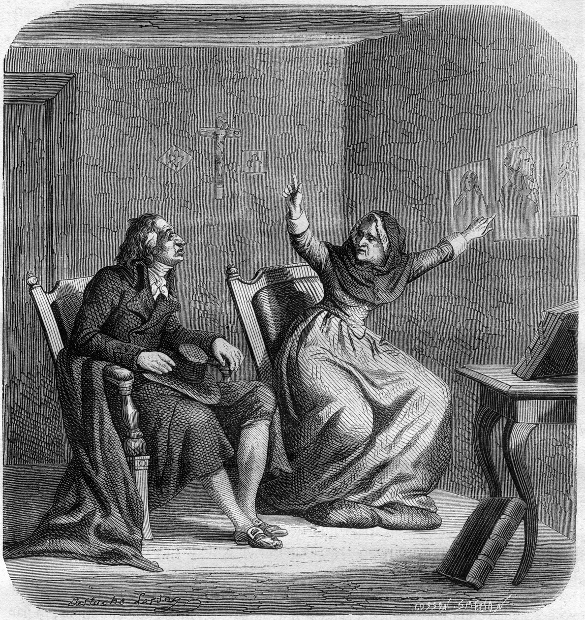 Catherine Theot (1716-1794) mística y visionaria francesa con Antoine Christophe Gerle, conocido como Dom Gerle (1736-1801) - Grabado en "Historia de los Girondinos" por Alphonse de Lamartine (1790-1869) 1865-1866 - Colección privada de Anonymous Anonymous