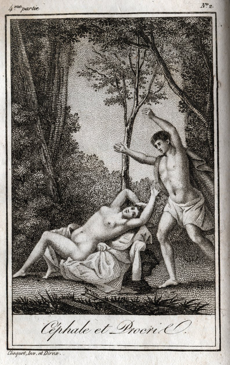 Céfalo y Procris, pareja de amantes. Grabado de 1819 en "Lettres a Emilie sur la mythologie" por Charles Albert Demoustier (1760-1801). Colección privada. de Anonymous Anonymous
