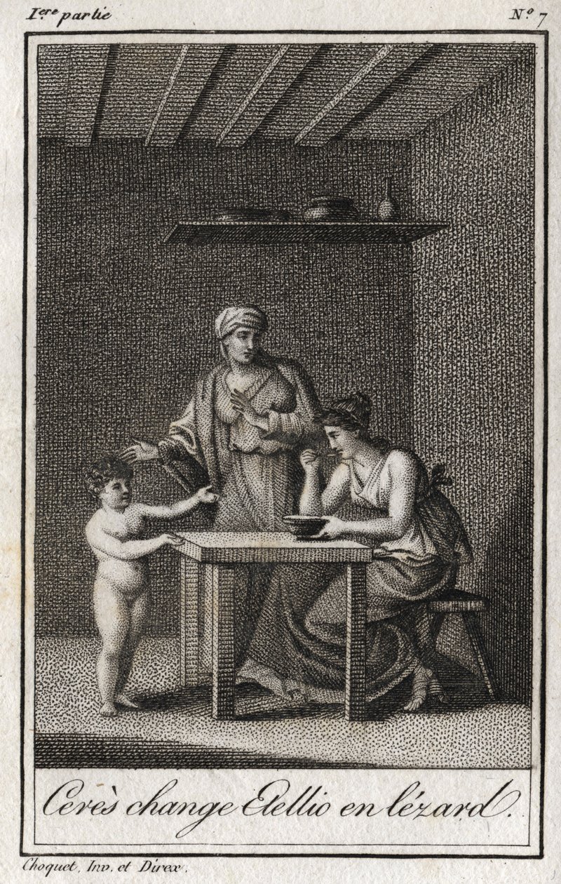 Ceres cambia a Stellion en un lagarto. Grabado de 1819 en "Lettres a Emilie sur la mythologie" por Charles Albert Demoustier (1760-1801). Colección privada. de Anonymous Anonymous
