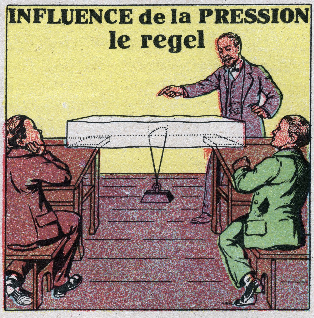 Cambios de estado: influencia de la presión en la fusión. Experiencia del regel o un alambre estirado por un peso pasa a través de un trozo de hielo sin romperlo. Ilustración anónima de 1925. Colección privada. de Anonymous Anonymous