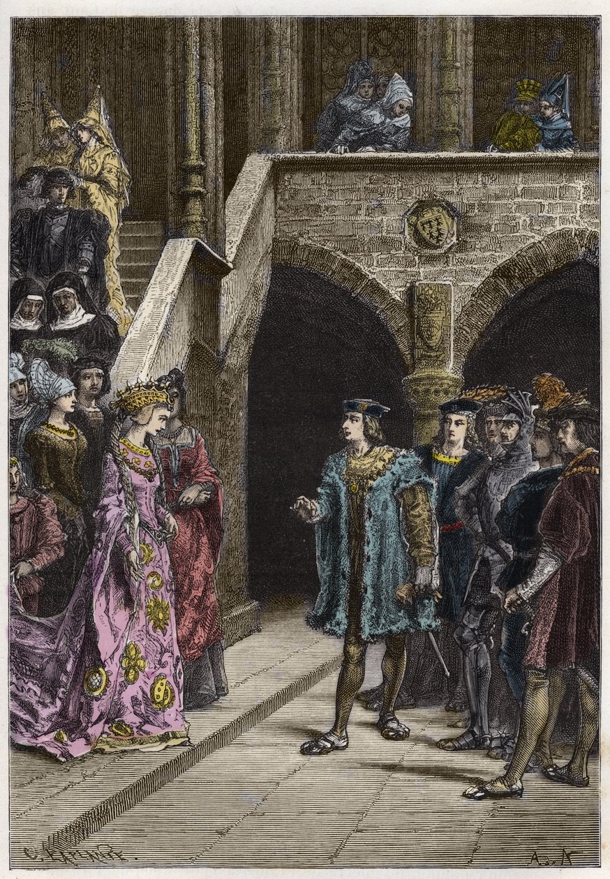 Carlos VIII y Ana de Bretaña - Encuentro entre el rey Carlos VIII (1470-98) y la reina Ana de Bretaña - grabado de “L