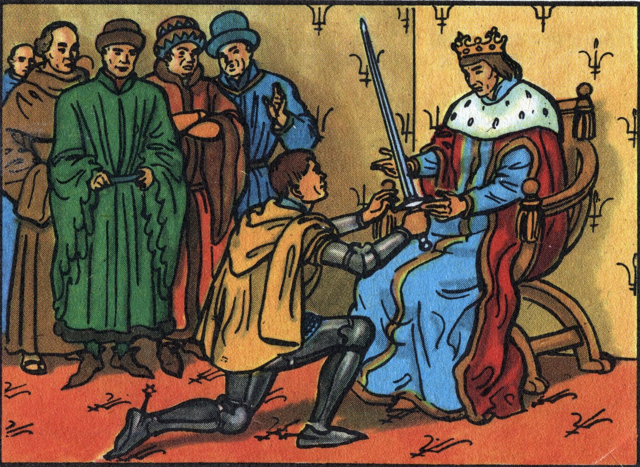 Carlos V el Sabio (1338-1380) entregando solemnemente la espada de condestable a Bertrand du Guesclin (1320-1380). Ilustración anónima en “Collection des souverains et chefs d