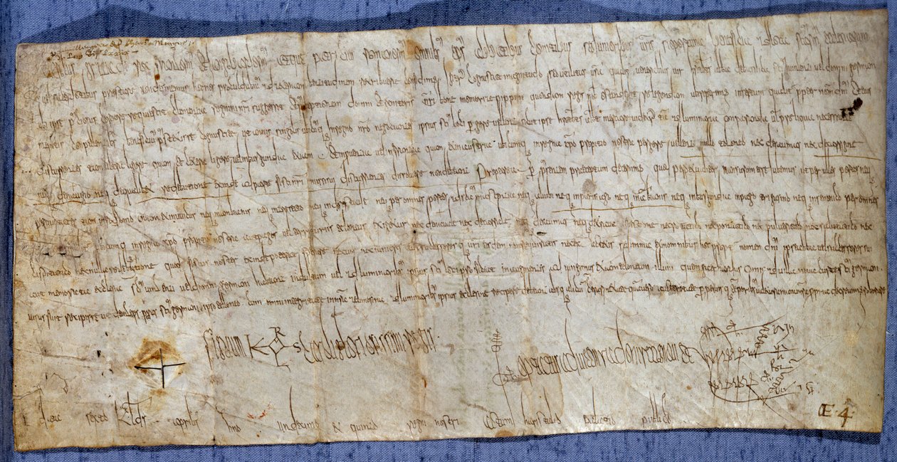Carta del Rey Carlomagno (Carlos I, Carlos el Grande o Carolus Magnus) (742-814) eximiendo a la abadía de Saint Denis de las tarifas de peaje durante la feria. Finales del siglo VIII. París, Archivos Nacionales de Anonymous Anonymous