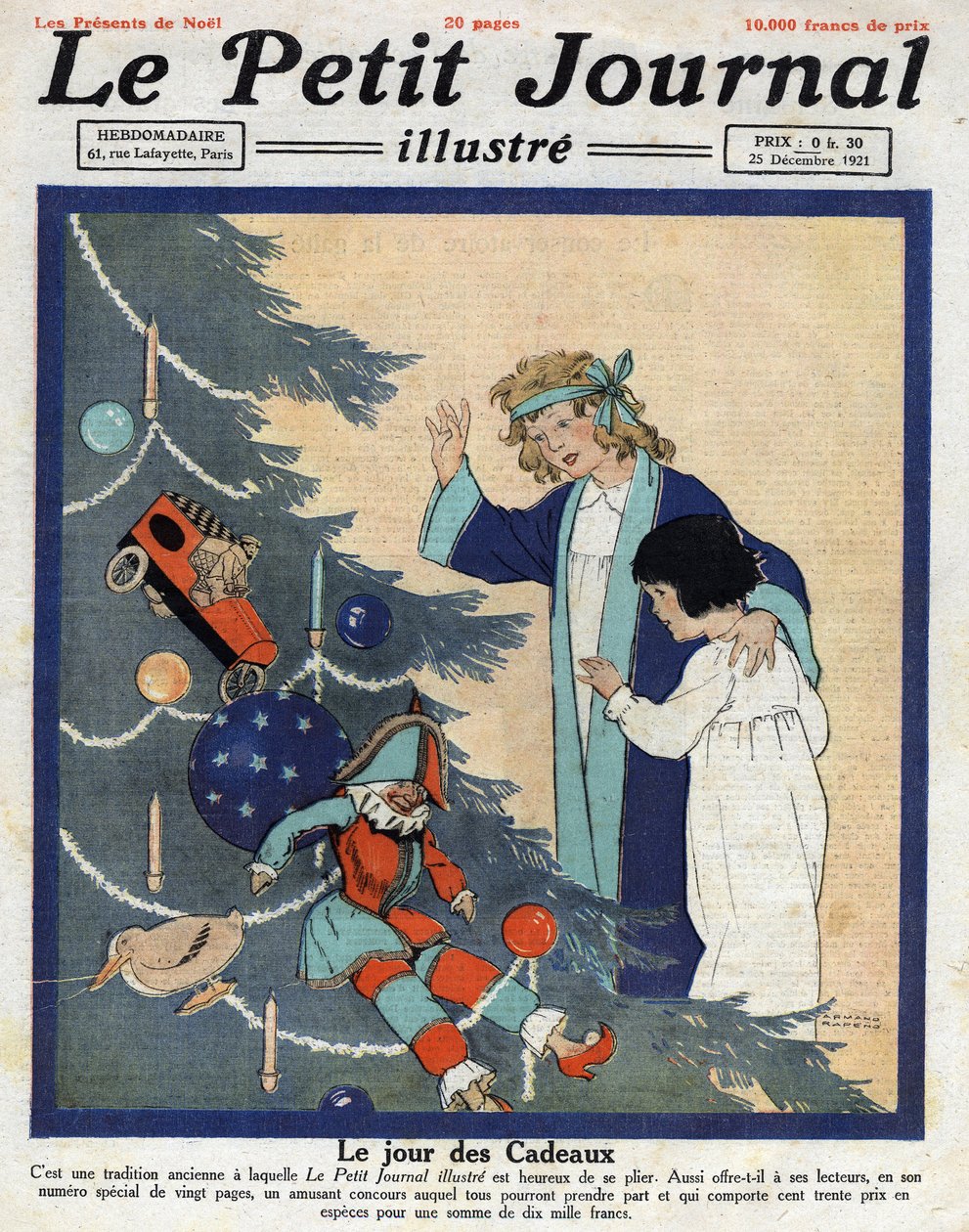 Fiesta de Navidad: los niños descubren regalos al pie del árbol de Navidad. Ilustración tomada de “Le petit journal” del 25/12/1921. Colección privada de Anonymous Anonymous