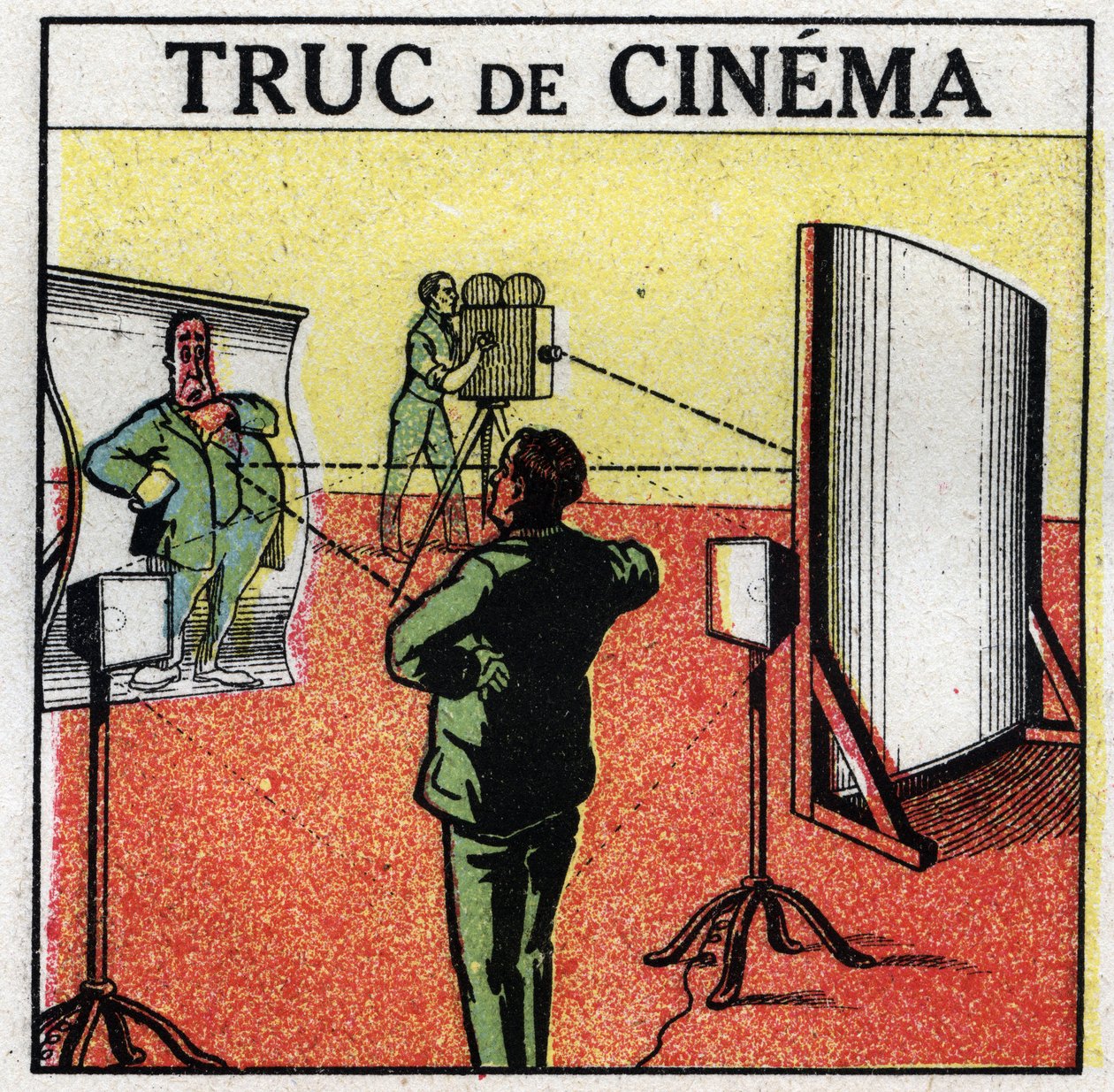 Cinematógrafo: equipo de cine. Espejos deformantes dan la ilusión de filmar monstruos. Ilustración anónima de 1925. Colección privada. de Anonymous Anonymous