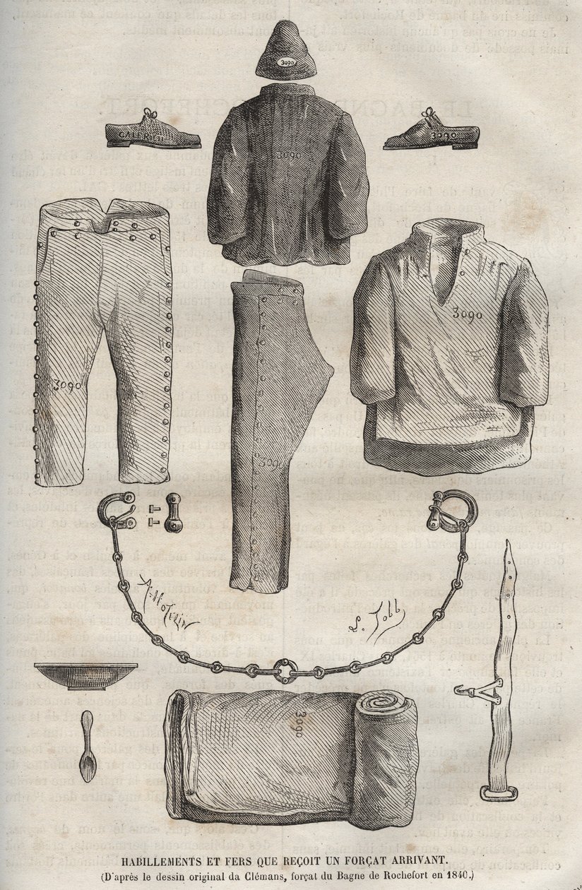 Ropa y grilletes recibidos por un forzado al llegar al bagne de Rochefort en el siglo XIX (del dibujo original de Clemans, forzado del bagne en 1840). Grabado en “Histoire des bagnes depuis leur création à nos jours” (1877) de Pierre Zaccone (1817-1895). de Anonymous Anonymous