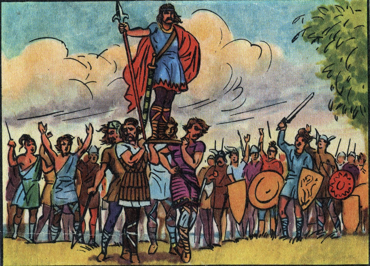 Clodoveo (rey de los francos de 481 a 511) fue elegido rey por los salios que lo llevaron en el baluarte (escudo) mientras recorrían el campamento. Ilustración anónima en 