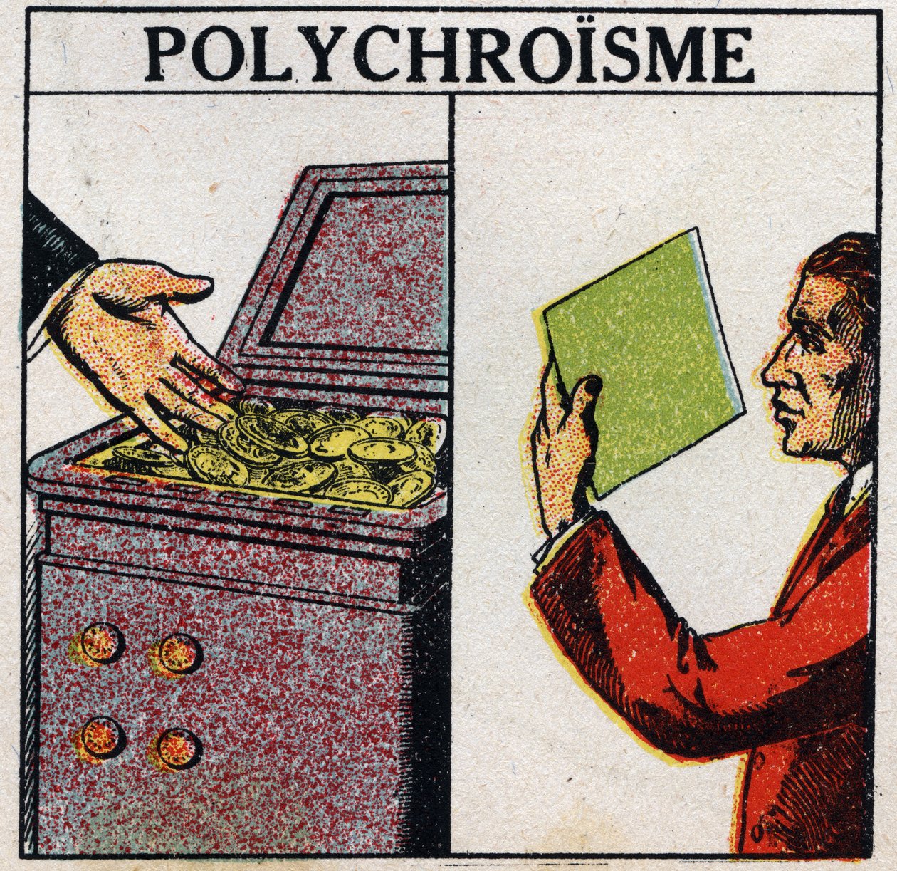 Colores: policromismo. Las monedas de oro son amarillas, pero el oro en capa delgada es de color verde. Ilustración anónima de 1925. Colección privada. de Anonymous Anonymous