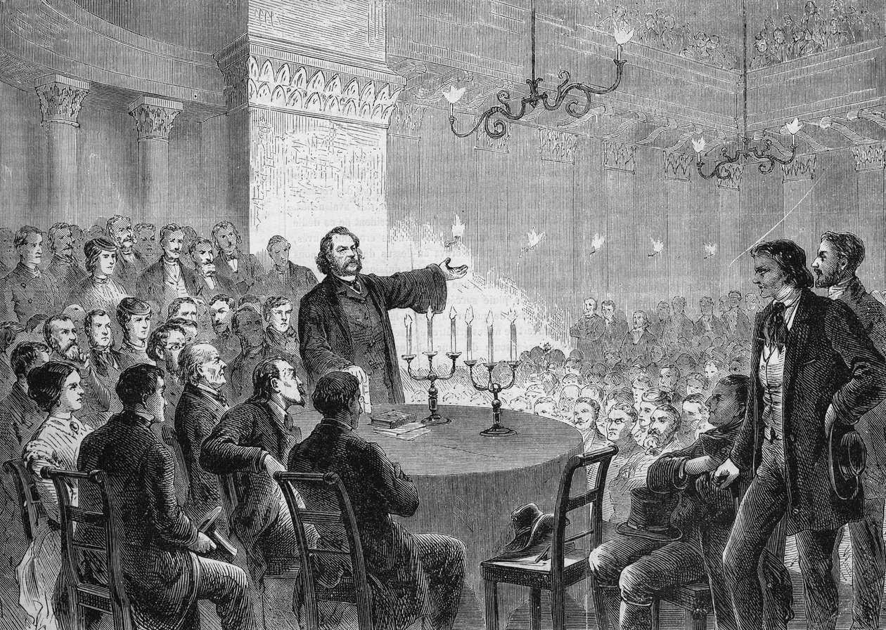 Conferencia del reformador Johannes (Jean) Ronge (1813-1887) en Viena en 1868. Fundó la Iglesia Cristiana Universal. Grabado de 1868. Colección privada. de Anonymous Anonymous