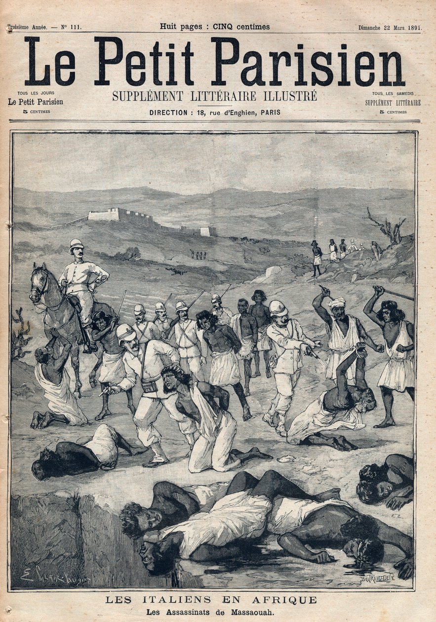 Conquista de Eritrea por Italia. Los asesinatos de Massaouah (Eritrea). Grabado en “Le petit Parisien” del 22-03-1891. Colección privada. de Anonymous Anonymous