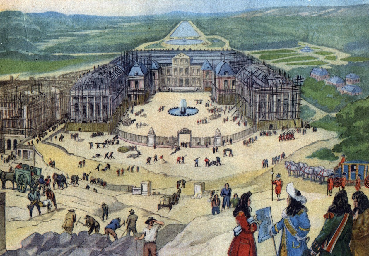 Construcción del castillo de Versalles en 1678 según los planos de Jules Hardouin Mansart en primer plano el Rey Luis XIV de Anonymous Anonymous