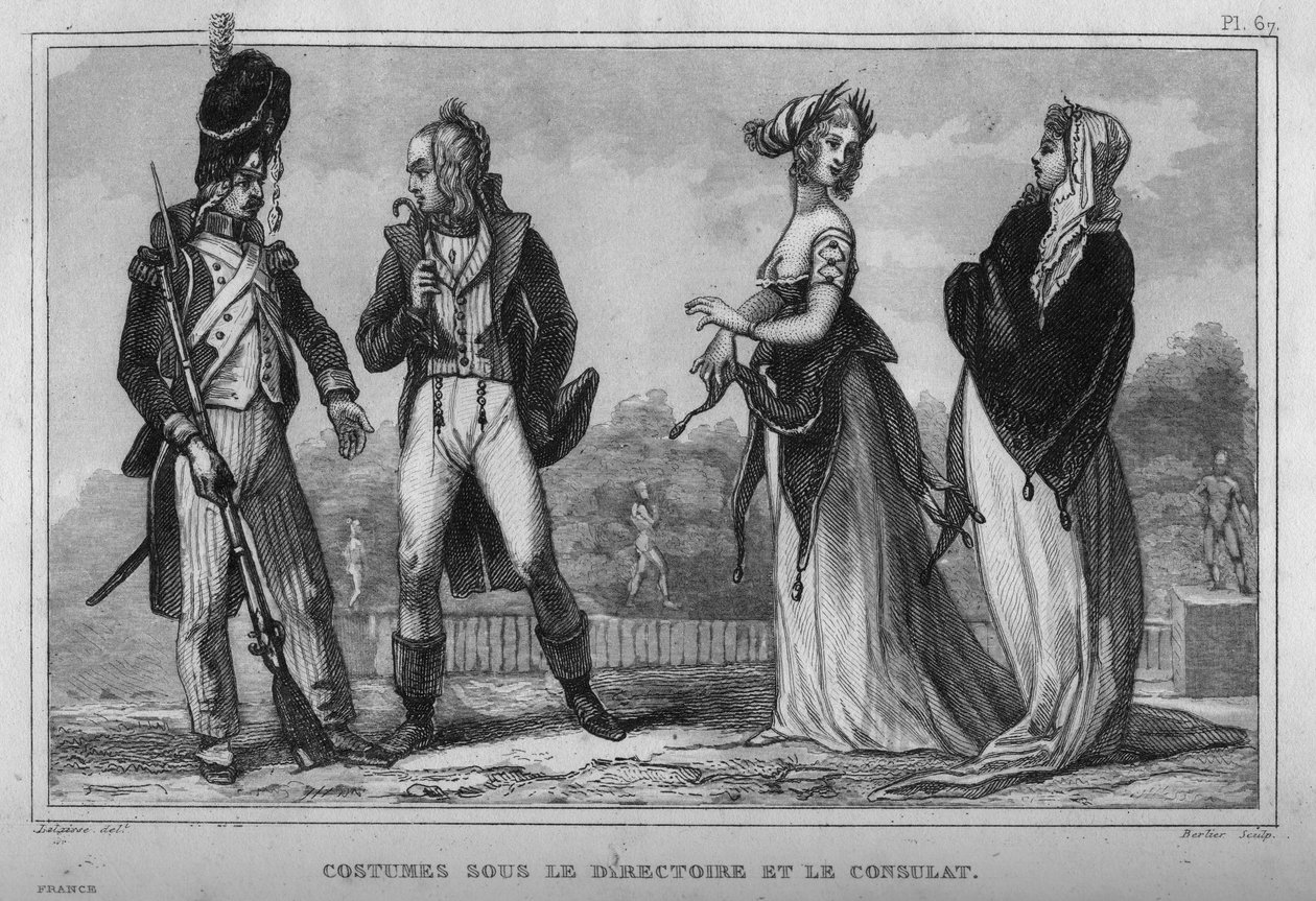 Traje en el Directorio y el Consulado. Grabado de 1859 en “Le Monde. Historia de todos los pueblos desde los tiempos más remotos hasta el presente” por M. E. de Lostalot-Bachoue. Colección privada. de Anonymous Anonymous