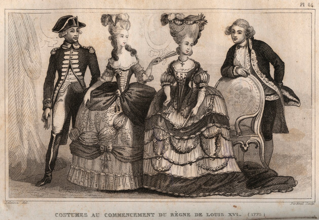 Trajes al comienzo del reinado de Luis XVI (1775). Grabado de 1859 en “Le Monde. Historia de todos los pueblos desde los tiempos más remotos hasta el presente” de M. E. de Lostalot-Bachoue. Colección privada. de Anonymous Anonymous