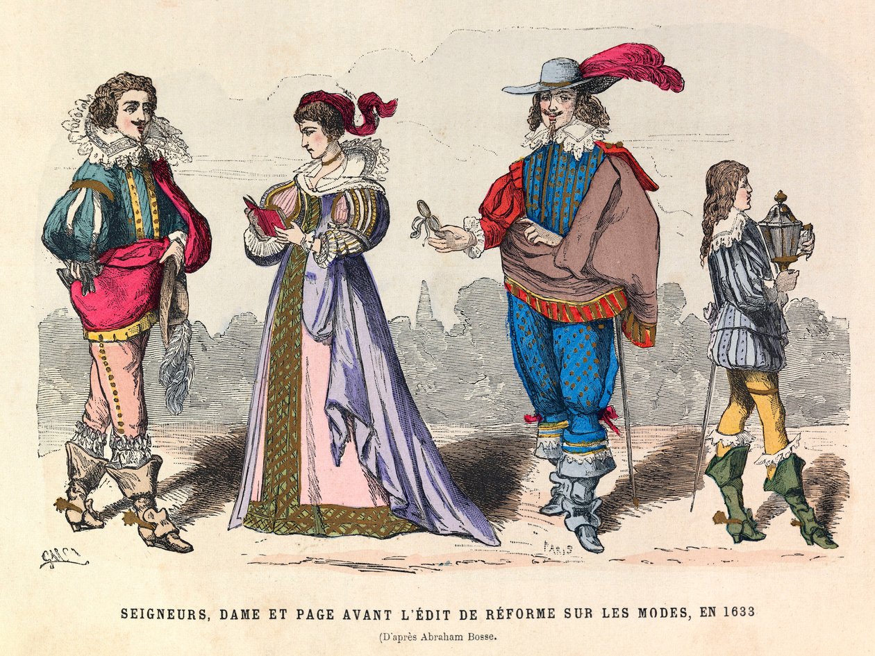 Trajes de señores, dama y paje antes del edicto de reforma sobre la moda en París en 1633 de Anonymous Anonymous