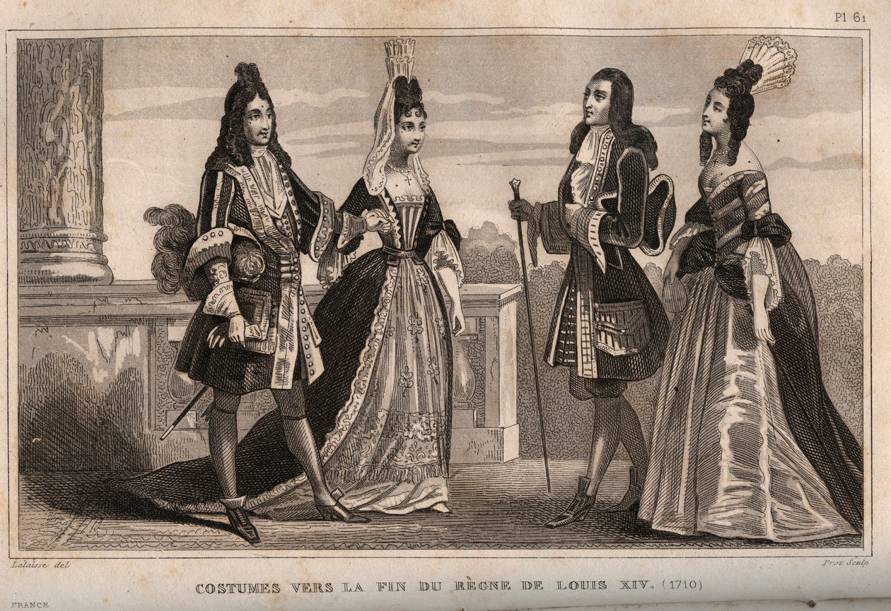 Trajes hacia el final del reinado del rey Luis XIV (1710). Grabado de 1859 en “Le Monde. Historia de todos los pueblos desde los tiempos más remotos hasta la actualidad” de M. E. de Lostalot-Bachoue. Colección privada. de Anonymous Anonymous