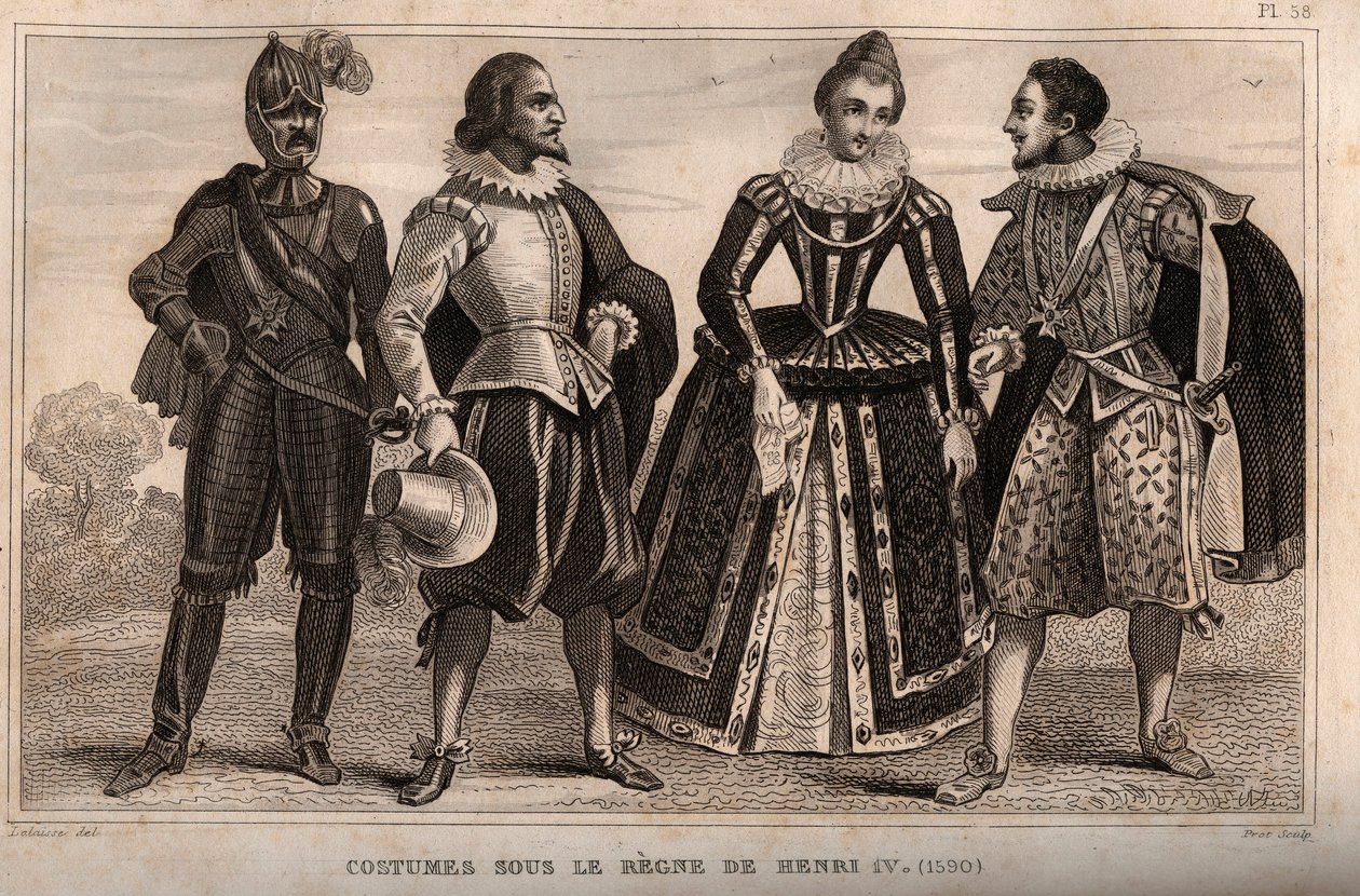 Trajes bajo el gobierno de Enrique IV (1590). Grabado de 1859 en “Le Monde. Historia de todos los pueblos desde los tiempos más remotos hasta el presente” por M. E. de Lostalot-Bachoue. Colección privada. de Anonymous Anonymous