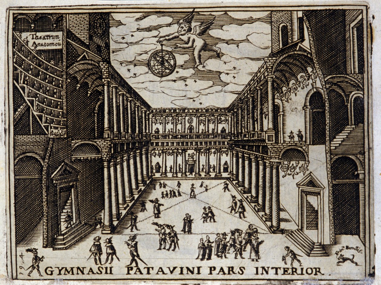 Corte de la Universidad de Padua (Padova) en Italia en el siglo XVII. Grabado anónimo del siglo XVII. Milanes de Anonymous Anonymous