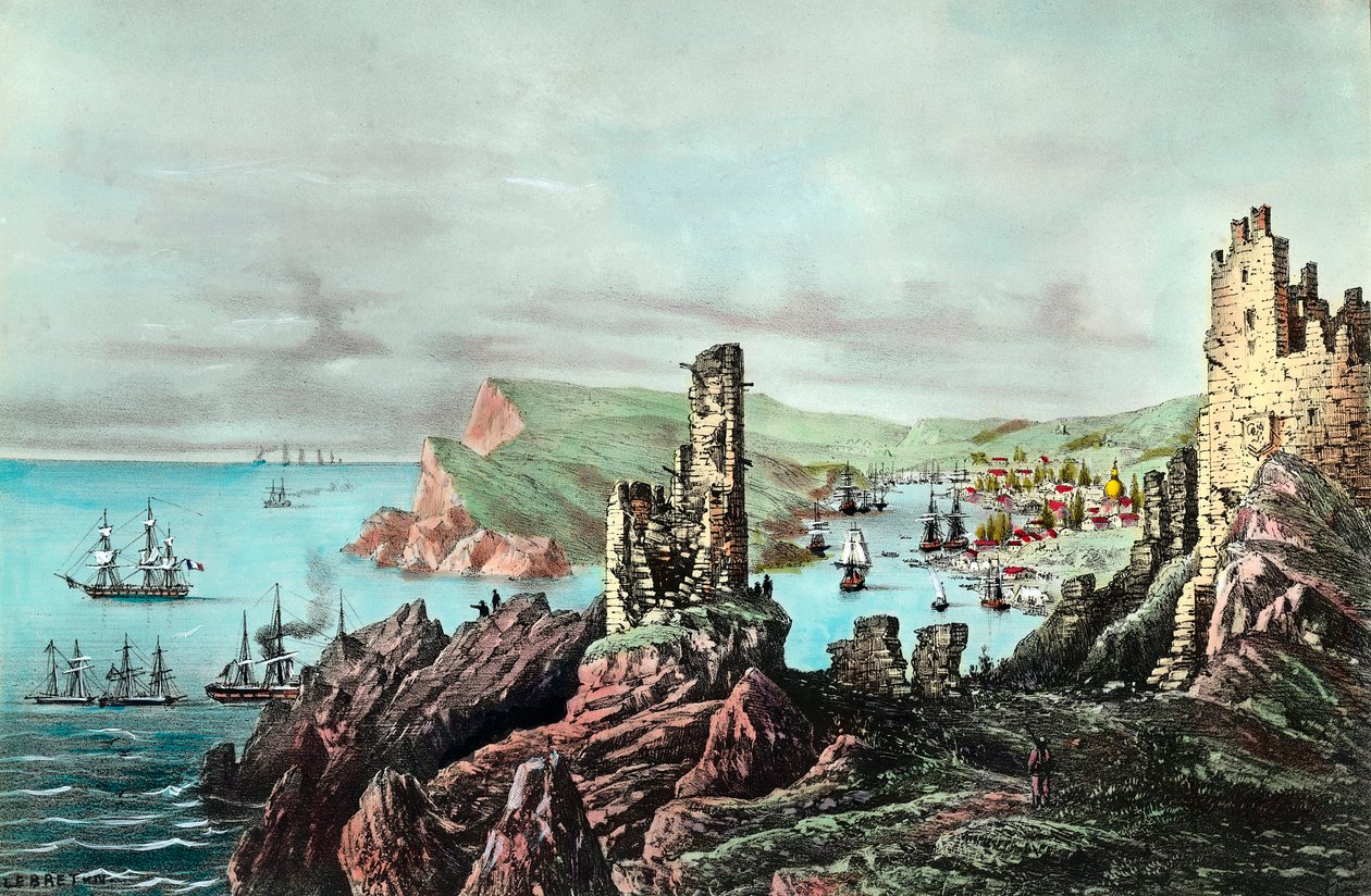 Guerra de Crimea: vista del puerto de Balaklava en Crimea. Grabado alrededor de 1854-1855. Colección privada de Anonymous Anonymous