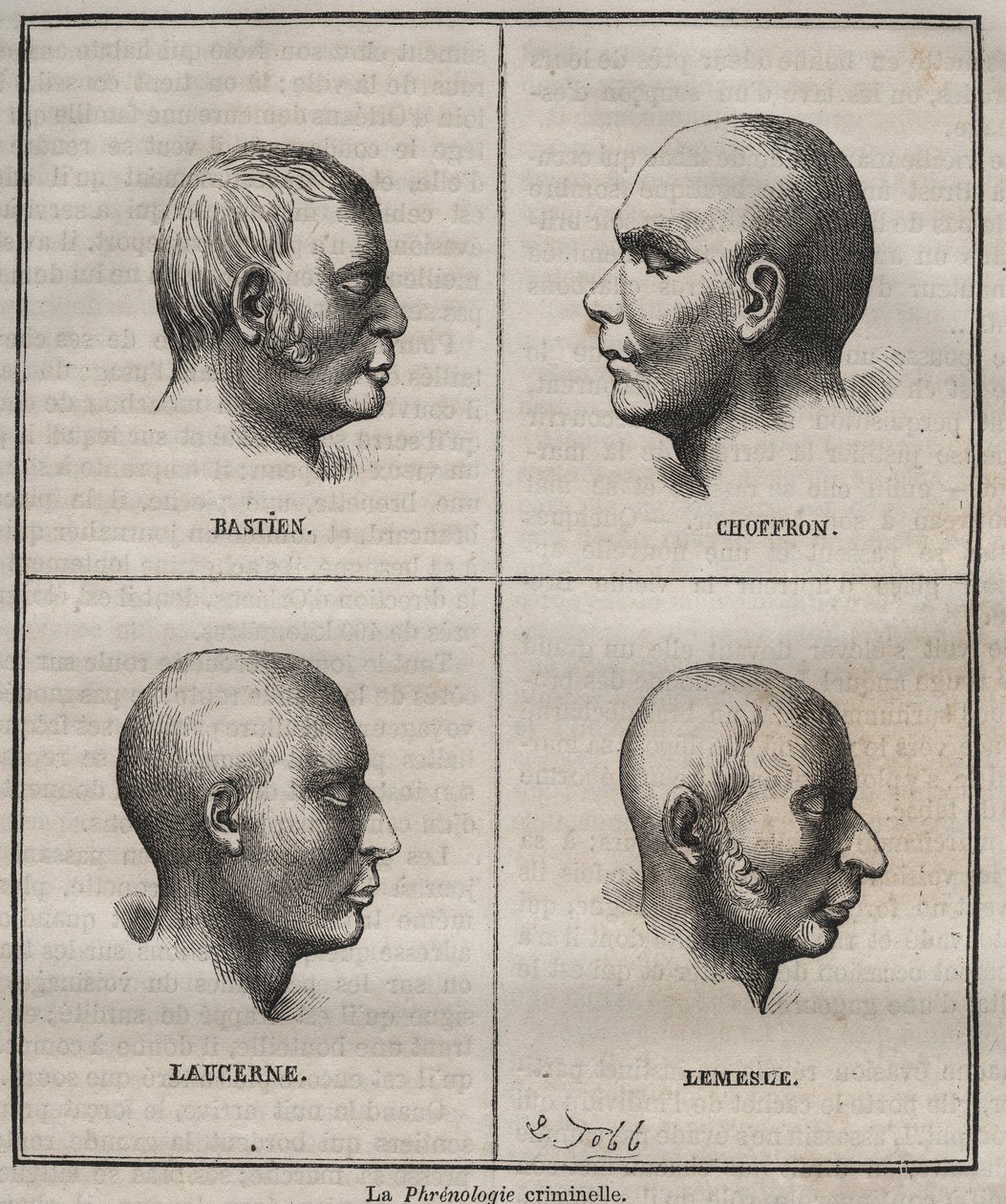 Frenología criminal en el Bagne de Brest (retratos que representan las características fisionómicas de diferentes tipos de criminales). Grabado en “Histoire des bagnes depuis leur création à nos jours” (1877) por Pierre Zaccone (1817-1895). de Anonymous Anonymous