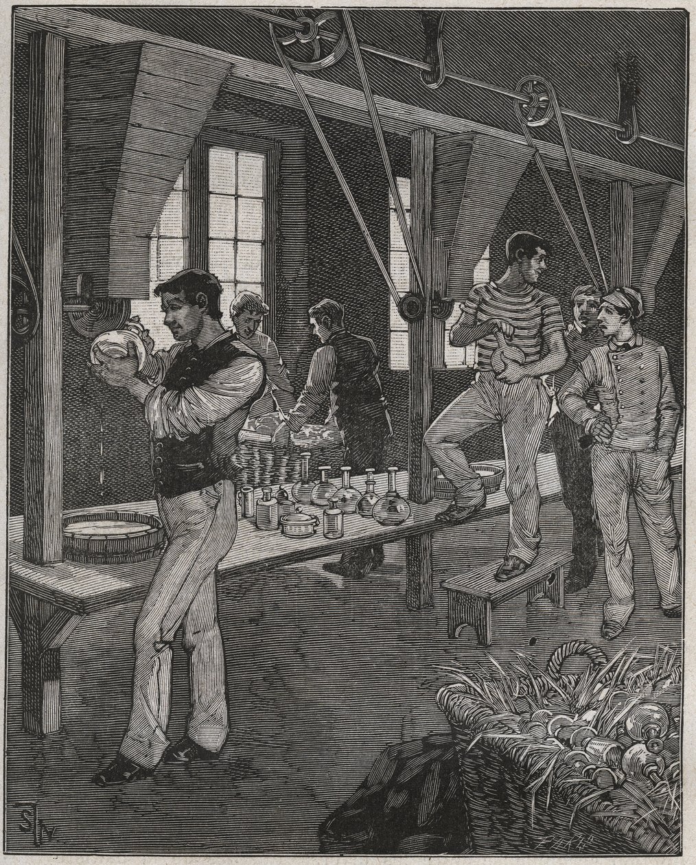 Taller de grabadores de cristal en Francia en el siglo XIX. Grabado de 1885 en "Les arts et metiers illustres" por Adolphe BITARD de Anonymous Anonymous
