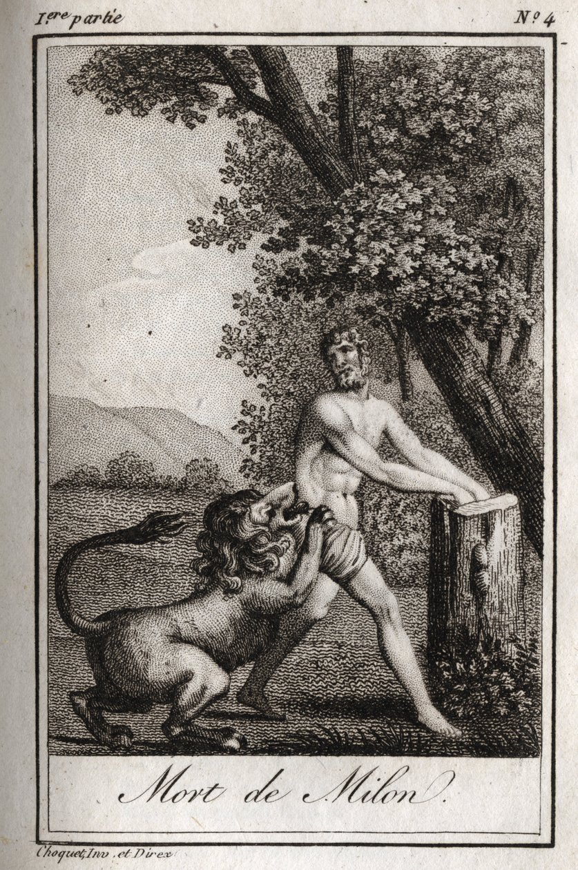 Muerte de Milón de Crotona devorado por un lobo. Grabado de 1819 en “Lettres a Emilie sur la mythologie” de Charles Albert Demoustier (1760-1801). Colección privada. de Anonymous Anonymous