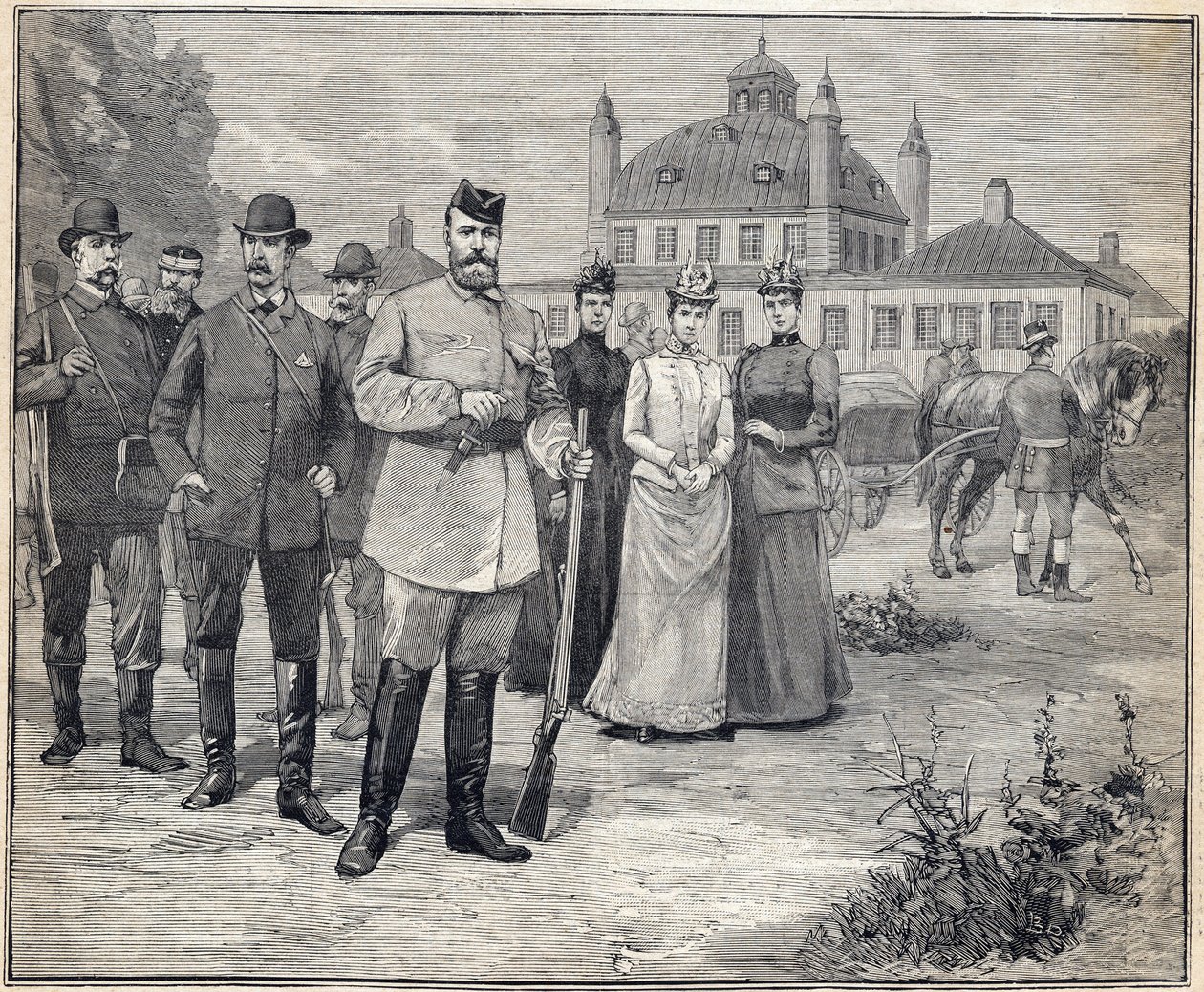 Partida de caza del Zar Nicolás II de Rusia (1868-1918) en Fredensborg, Dinamarca. Grabado en 
