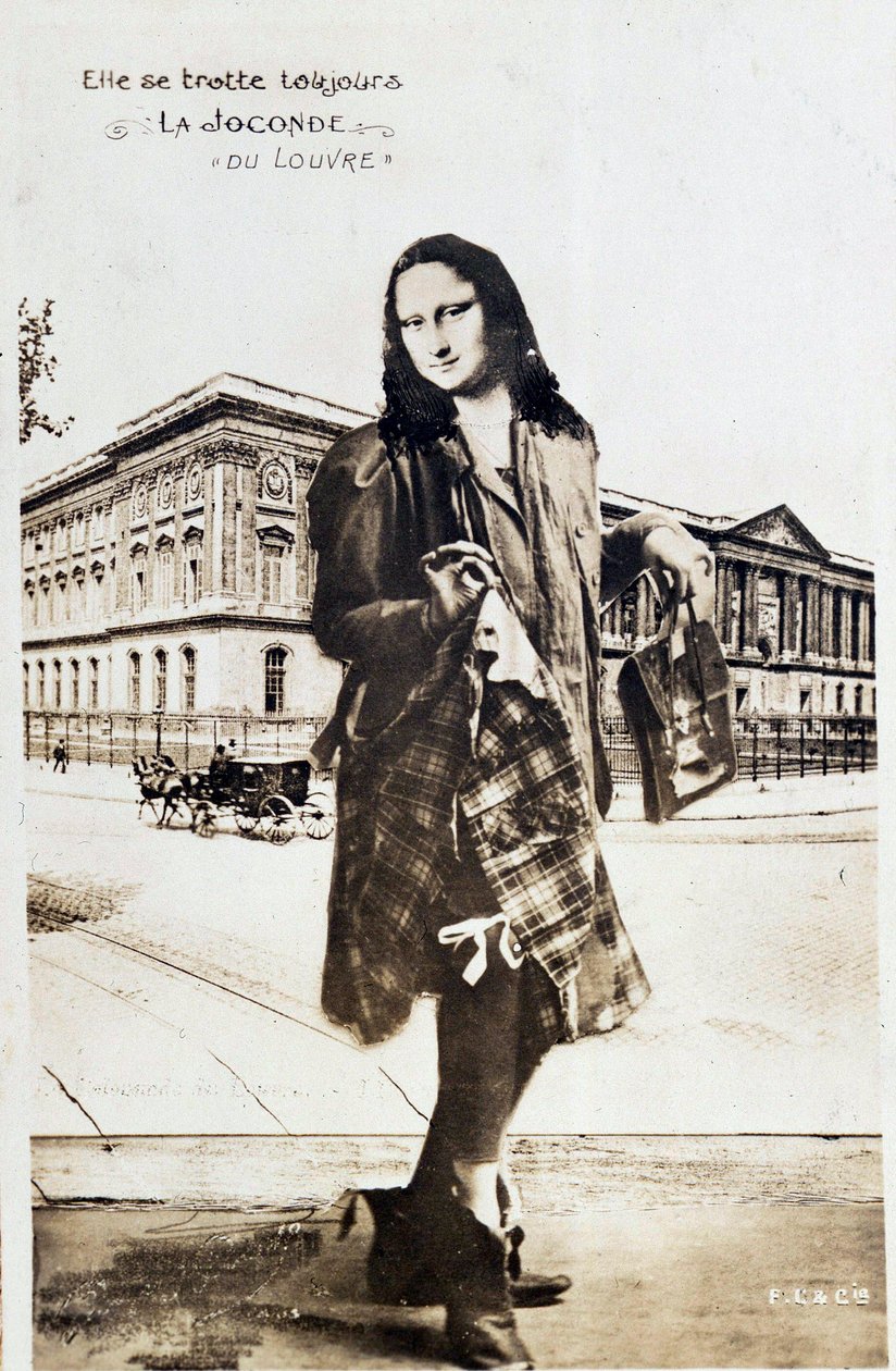 Representación distorsionada de "La Mona Lisa" de Leonardo da Vinci: Mona Lisa representada con una falda a cuadros viajando por el mundo. Postal cómica editada en el momento del robo de la obra por Vincenzo Peruggia de Anonymous Anonymous